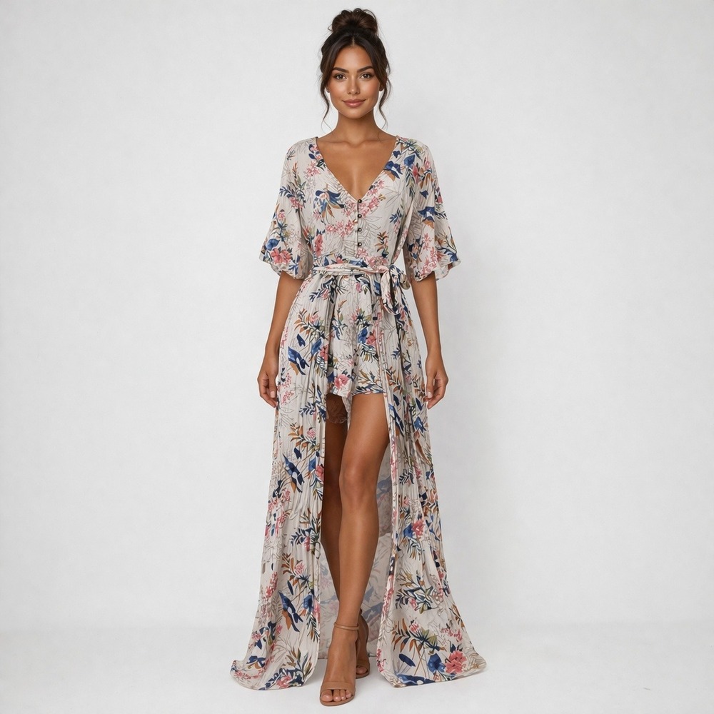 American Eagle‎ Maxi Romper Dress Cream Floral Shorts Boho Festival Summer 8